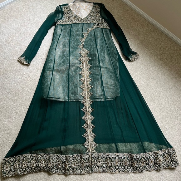 Pakistani shalwar kameez gown dress green wedding formal womens size medium 6 - Picture 2 of 14